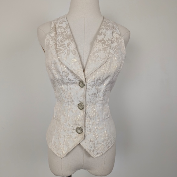 Guess Brocade Vest Waistcoat Cream Sleeveless Fitted Buttons - Picture 3 of 9